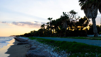 Coast of Perivolia beach in Cyprus at sunset.