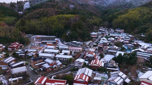 Snow covered Roof Tops of Rural Japanese Town, Ama Cho on Oki Islands