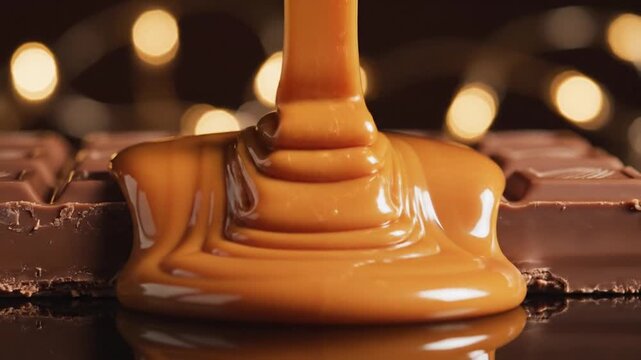 Close-up of molten caramel pouring onto a chocolate bar, golden bokeh in the background