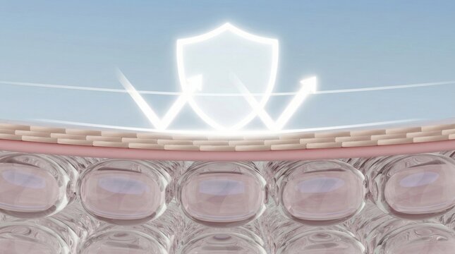 3D cross-section illustration of skin layers protected by UV defense shield,concept of skincare,dermatology and beauty barrier technology