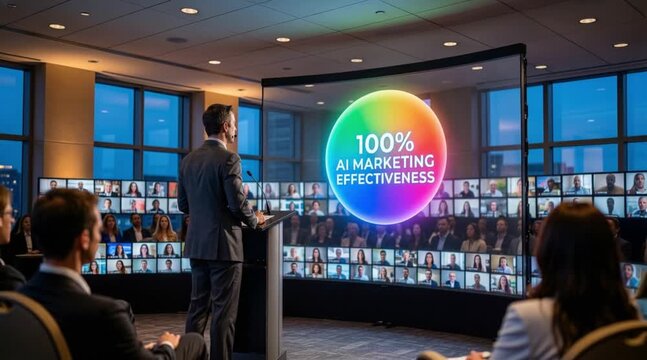 Speaker presenting AI marketing effectiveness to remote audience on screens
