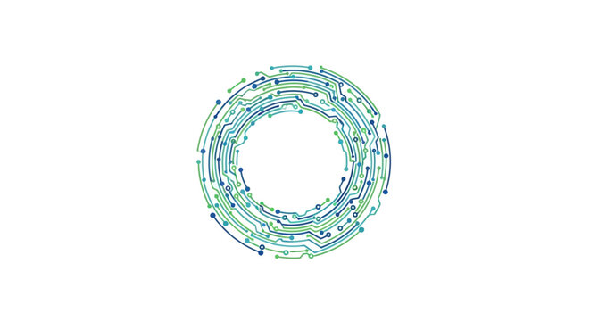 Abstract circular circuit board pattern with blue and green lines, representing technology and digital connections on an isolated white background.
