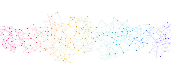 Vibrant abstract network illustration with interconnected colorful dots and lines forming a digital communication or technology background. Features a smooth rainbow gradient. © JustPrint