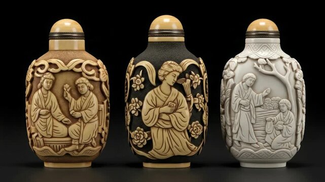 Three Antique Carved Snuff Bottles with Figures and Floral Motifs