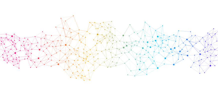 Vibrant abstract network illustration with interconnected colorful dots and lines forming a digital communication or technology background. Features a smooth rainbow gradient.