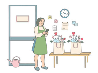 Florist woman character talking on phone, flat outline illustration. Flower shop communication and customer service concept.
