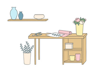 Florist work table with flowers, tools and shelves in flat outline style. Floral workspace illustration isolated on white background.