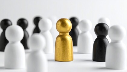 Golden figure standing out among row of black and white wooden pawns on light background, symbolizing leadership, uniqueness, and individuality