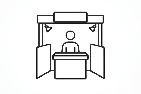 Trade show exhibition booth line icon business presentation stand outline vendor display marketing stall corporate event kiosk minimal vector conference counter branding showcase retail promotion isol