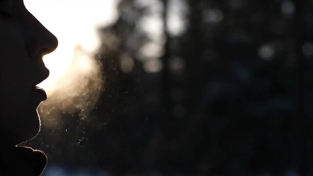Silhouetted against a bright winter sun, a person repeatedly exhales thick clouds of vaporous breath, showcasing the extreme cold as the breath drifts through the air over an 8-second extract.