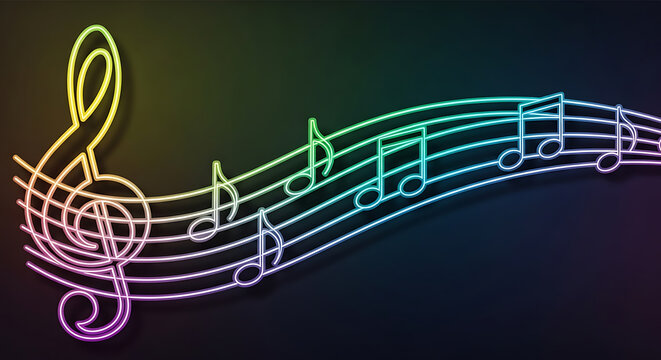 Electric rainbow musical score with glowing notes and pentagram