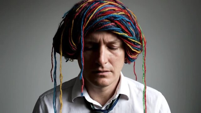 A man with his eyes closed, wearing a white shirt and tie, with a tangled, colorful yarn wig on his head, conveying a sense of mental complexity.