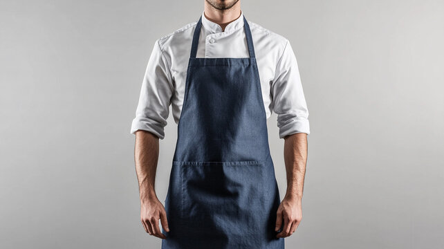 guy in a denim kitchen apron on grey background.