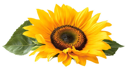 Vibrant bright yellow sunflower blossom with dark center and green leaves isolated on transparent background
