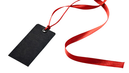 Blank black rectangular clothing tag mockup attached to a flowing satin red ribbon on transparent background