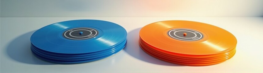 Two discs of colored vinyl on a table  blue and orange contrasting colors