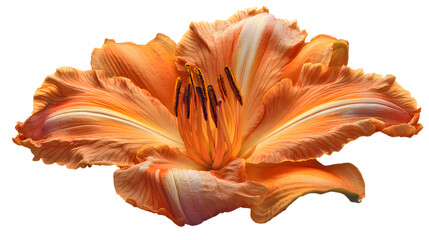 Vivid macro photograph capturing the intricate texture and rich orange hues of a daylily bloom on transparent background