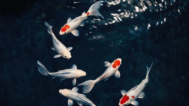White koi with vivid red crowns glide in a dark pond, fanning delicate fins as ripples shimmer around them, forming a slow, hypnotic pattern that suggests calm, balance, and quiet motion.