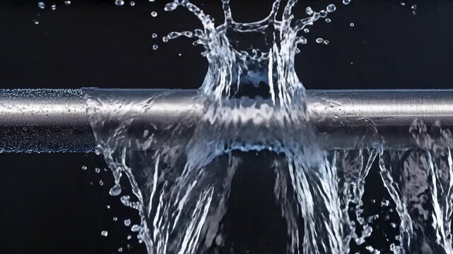 Close-up of water splashing over a pipe, showcasing dynamic motion.