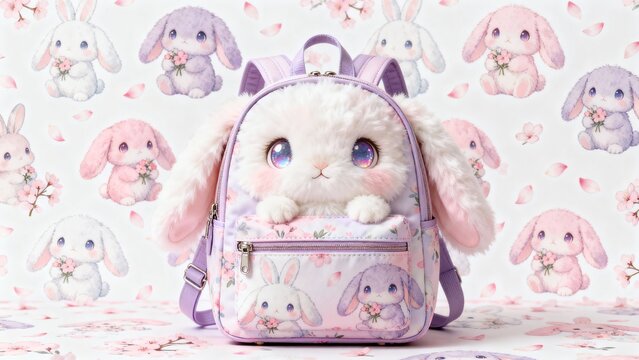 Super cute seamless repeating pattern of fluffy pastel bunnies holding tiny flowers, floppy ears, big shiny eyes