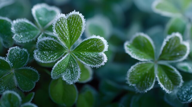 Top-down view of green clover leaves edged with delicate white ice crystals showing winter frost texture and crisp details in cold nature light.