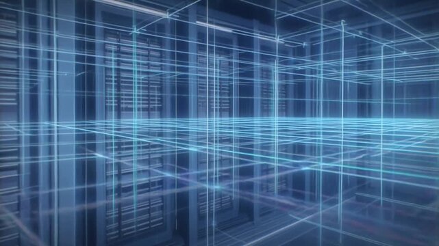 Futuristic digital cube structure in modern data center with glowing blue grid lines