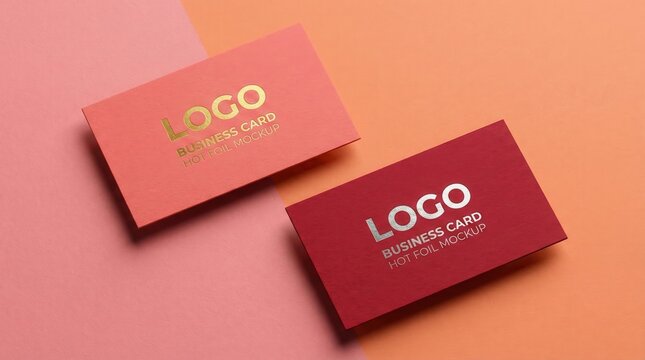 Modern business cards mockup with elegant foil stamping on red and coral paper texture backgrounds,ideal for branding,professional identity,design presentations,and luxury corporate visuals
