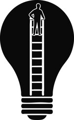 Illumination and Ambition: A symbolic image of a silhouette person standing atop a ladder within the form of a lightbulb, illustrating aspiration and illumination. 