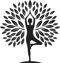 Harmony with Nature: A silhouette of a person practices yoga in the tree pose, harmonizing with the surrounding leaves, expressing peace and mindfulness.