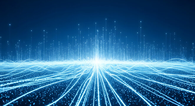 Abstract digital energy explosion with glowing blue light streams and particles radiating from a central point symbolizing data transmission information convergence and technological advancement