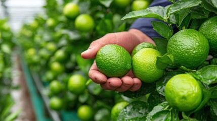 A hand gently holds ripe green limes picked from a lush lime tree. Dewy leaves and vibrant fruit create a fresh, organic scene in a citrus grove.