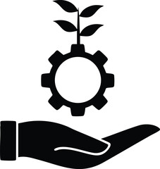 Sustainable Innovation: An illustrative silhouette features a nurturing hand cradling a gear, from which a flourishing plant sprouts, symbolizing growth.