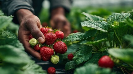 A hand carefully picks ripe red strawberries from a lush green plant in a berry field. Fresh, juicy berries and dewy leaves create a vivid, natural scene.