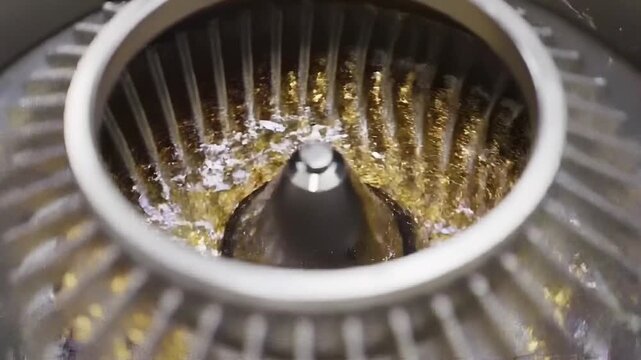 Industrial grinder's interior showing processed organic material, possibly wood chips or plant fibers, being agitated around a central conical mechanism.