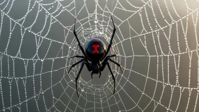 Black Widow Spider with Red Hourglass Marking on Dew-Covered Web