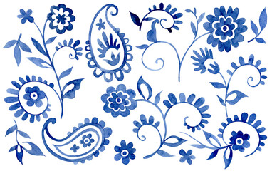 Set of oriental style ornaments. Watercolor blue patterns. © Rive