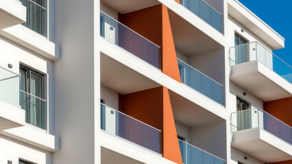 Modern apartment building with orange accents and glass balconies under clear blue sky
