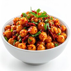 Spicy chickpea dish in a white bowl, close-up