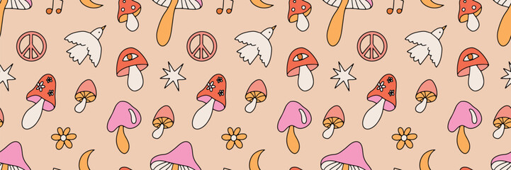 Groovy mushroom pattern with cute hand drawn fungi, whimsical retro shapes, pastel and warm colors, playful doodle style illustration for fabric, wallpaper, packaging, kids design and modern decor