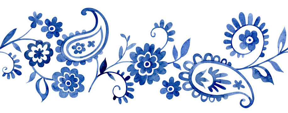 Seamless border of oriental ornaments. Blue flowers and paisley.