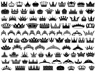 Crown icon set. King and queen royal symbol collection. Tiara and diadem silhouette bundle. Vector illustration isolated on white background.