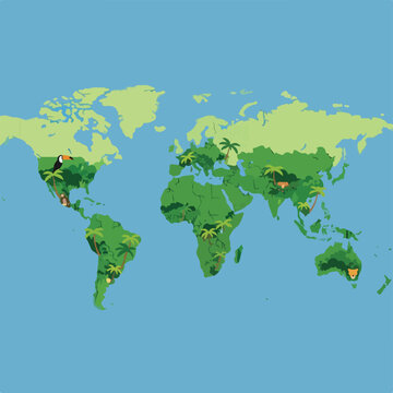 A world map displaying green continents with illustrated animals and trees