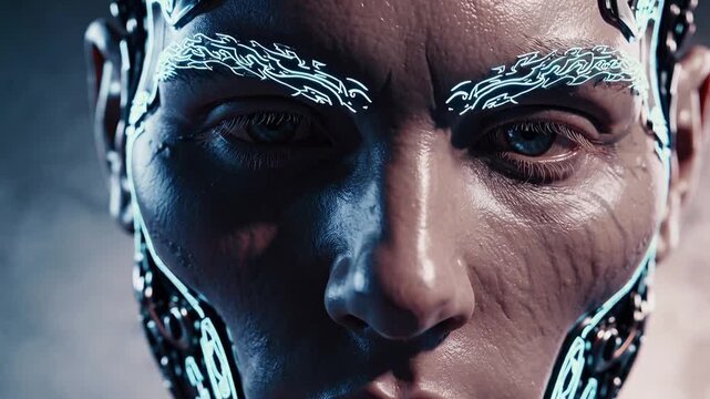 Extreme close-up of a futuristic cyborg face with textured synthetic skin, luminous circuits tracing the brows and jaw, cold metallic inlays, and focused eyes emerging from a misty, high-tech gloom.