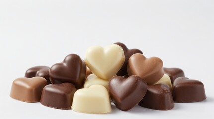 Fototapeta premium Luxurious pile of assorted heart shaped chocolates featuring rich dark, milk, and creamy white varieties perfect for romance and gifting.