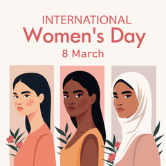 Women's Day, March 8. Women of different cultures, nationalities together. Symbol unity, empowerment, diversity, equality, inclusivity. Floral accents, inclusive design. For social media, banner, card