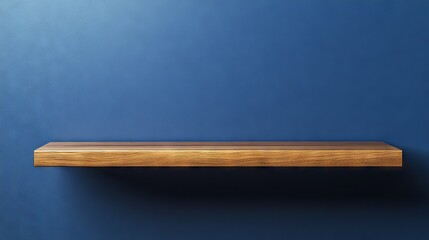 Contemporary floating oak shelving system mounted near cobalt blue painted wall, empty display unit showcasing clean lines and precise joinery, soft diffused lighting highlighting wood grain texture,