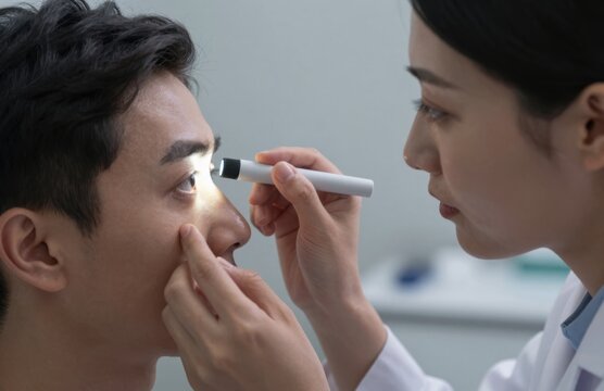 Female doctor in a white coat conducting a thorough eye examination on a male patient using a penlight during a professional medical consultation or routine health checkup.