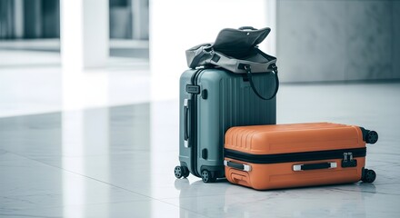 Fototapeta premium Suitcases Stacked On Top Of Each Other In Clean And Bright Environment Ready For Travel