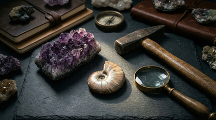 A geologist's or explorer's desk with an amethyst crystal, ammonite fossil, rock hammer, compass, and magnifying glass on a dark slate surface.