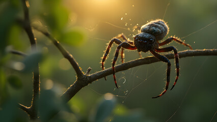 Spider spinning web in nature. Ultra realistic spider on branches. Detailed web construction by spider. Close-up of spider web and branches.